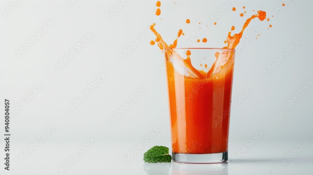 Poster vibrant splashes of fresh nutritious carrot juice on a clean white backdrop creating a dynamic color