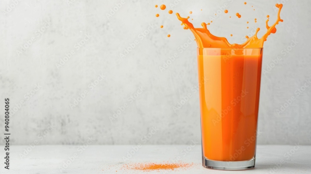 Poster closeup view of fresh bright carrot juice splashing and flowing against a crisp clean white backdrop