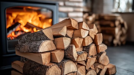 Pile of firewood for fireplace at home