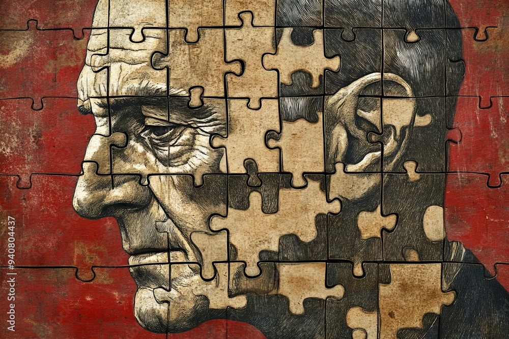 Poster artistic illustration of an elderly man’s profile with puzzle pieces symbolizing the complexity of a