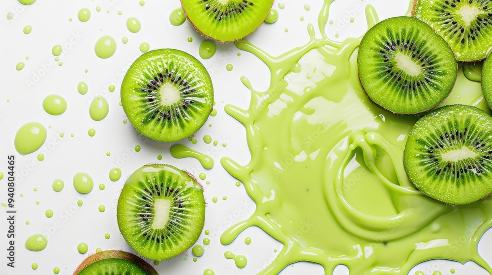 Poster closeup of bright splashes of kiwi juice captured on a white background showcasing the exotic and vi