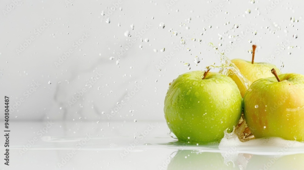 Poster captivating abstract image featuring a vibrant splash of apple juice against a pristine white canvas