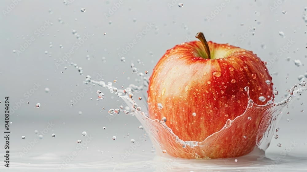 Poster splashes of deep rich apple juice creating a vibrant dynamic abstract artwork on a pristine white ca