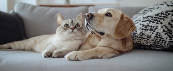 A cat and a dog looking at something off camera while laying on a couch.