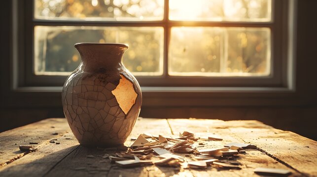 A broken ceramic vase on a wooden table, pieces carefully arranged to convey a story of loss and sudden change, soft sunlight streaming through a window