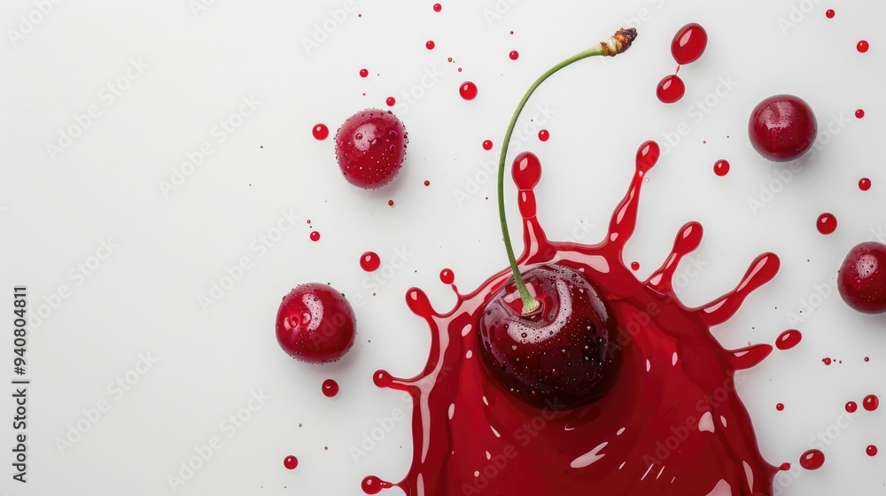 Poster Luscious Splashes of Deep Ruby Red Cherry Juice Elegantly Dripping and Flowing Against a Pristine White Background