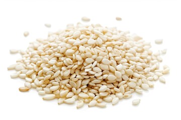 Fototapeta premium Sesame Seeds. Heap of White Sesame Seeds on Isolated Background - Macro Shot