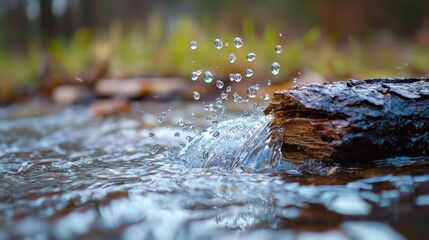 Fototapeta premium A tight shot of a tree stump submerged in water, adorned with droplets at its summit