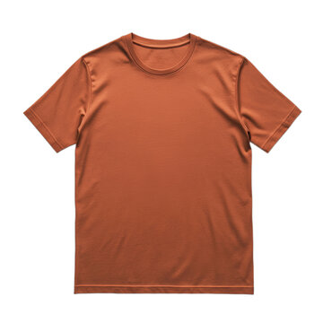 Plain T-shirt top view in earthy terracotta color isolated on transparent background 