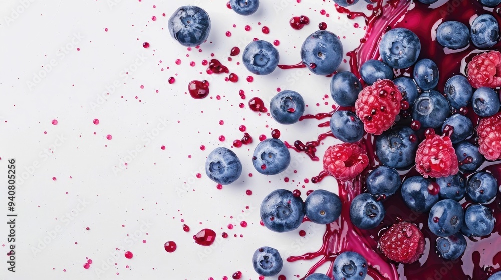 Poster energetic blueberry juice splashes on a clean white surface creating a dynamic and vibrant visual di