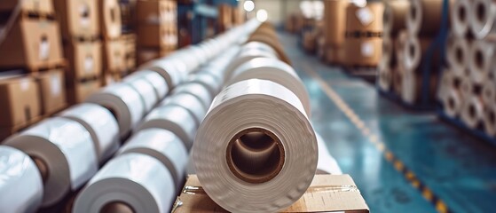 White self-adhesive rollers for printing labels. White label ribbon on cardboard core 