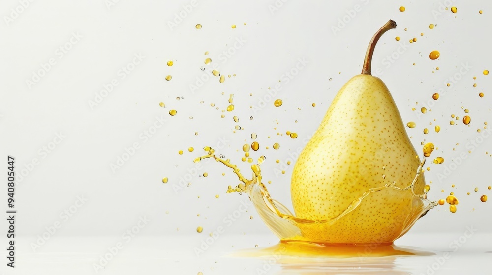 Poster splashes of pear juice artfully arranged on a clean white canvas backdrop creating a gentle sweet an
