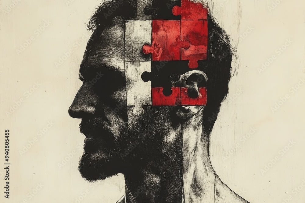 Poster dark and abstract profile of a man with a missing puzzle piece representing loss identity crisis and