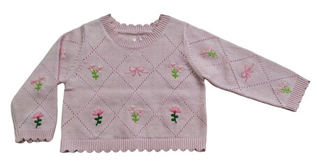 Girls Flower Floral Pointelle Knitted Full Sleeves Pullover Sweater. Knit Flower Design Patterns and Colorblock Knitwear Sweatshirt on Isolation Brown Background. 