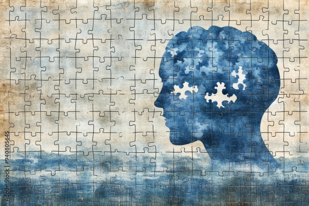 Poster abstract profile of a man with a puzzle pattern symbolizing cognitive challenges mental health and t