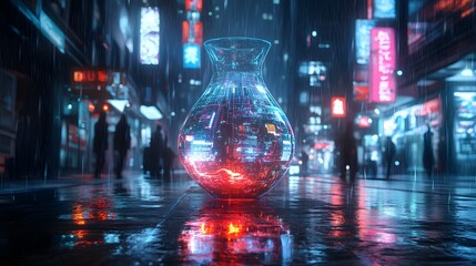 A cyberpunk vase with glowing neon lines, reflecting rain in a dark, futuristic cityscape, surrounded by holographic advertisements, intricate design