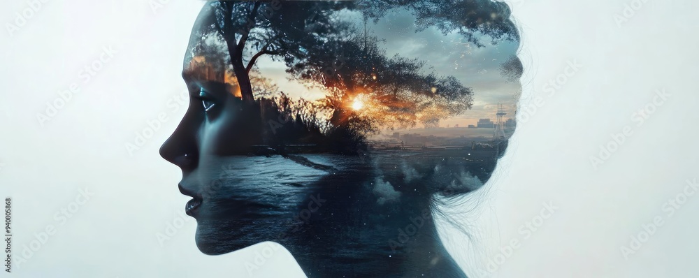 Poster the silhouette of a person intertwined with a serene landscape, symbolizing deep connection with nat