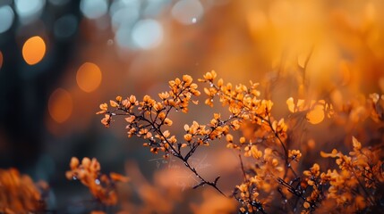  A tight shot of a plant boasting yellow blooms in the foreground, trees in the background softly blurred