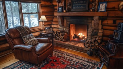 Living Room Design with a Cozy Fireplace and Stylish Leather Chair