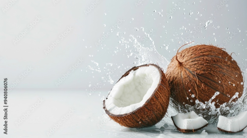 Poster vibrant splashes of pure hydrating coconut water against a crisp minimalist white backdrop creating 