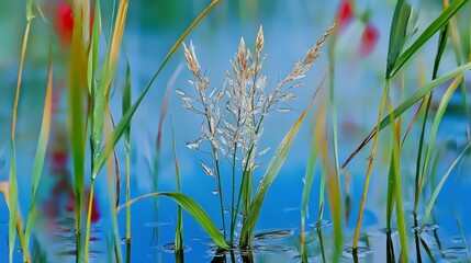 Obraz premium A tight shot of a plant submerged in water, with grass in the near foreground and red flowers at a distance