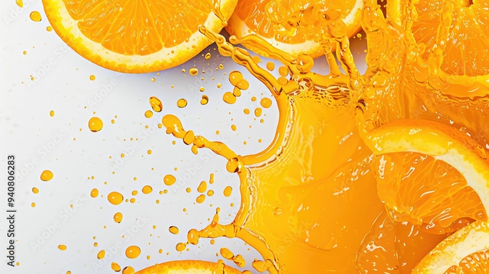 Poster closeup of freshly squeezed tangerine juice splashing with vibrant color and citrusy aroma against a