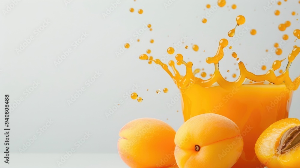 Aufkleber vibrant apricot juice splashes on clean white canvas abstract fluid painting backdrop elegant and cr