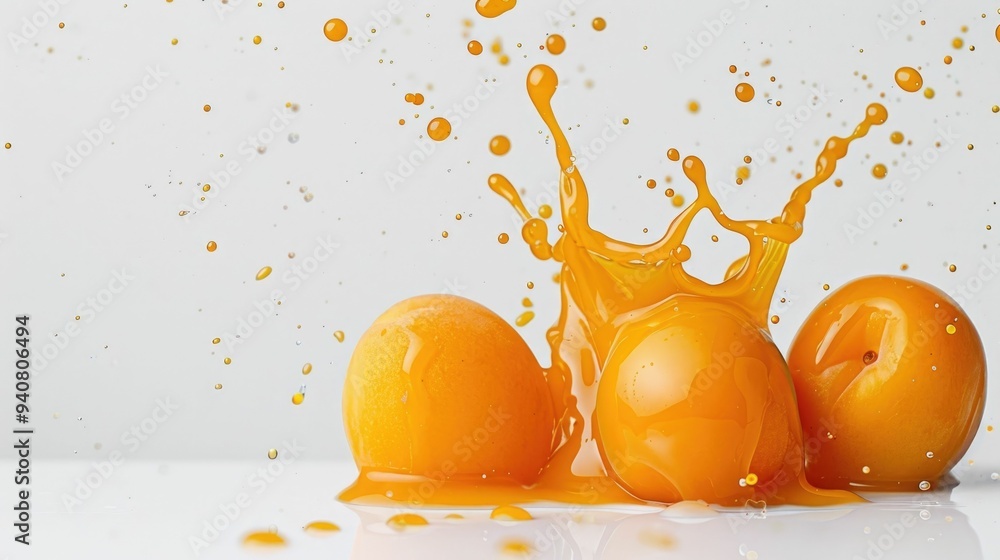 Poster captivating abstract art showcasing vibrant splashes of rich tangy apricot juice cascading across a 