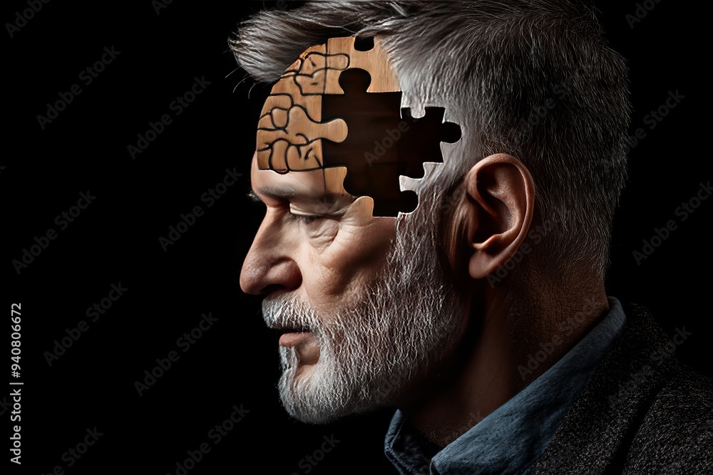 Aufkleber portrait of an elderly man with a puzzle piece missing from his forehead symbolizing memory loss cog