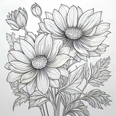 A monochrome sketch of a lush bouquet with full blooms and delicate buds, showcasing intricate petal details and leaf patterns. The detailed illustration captures the natural beauty of the flowers.