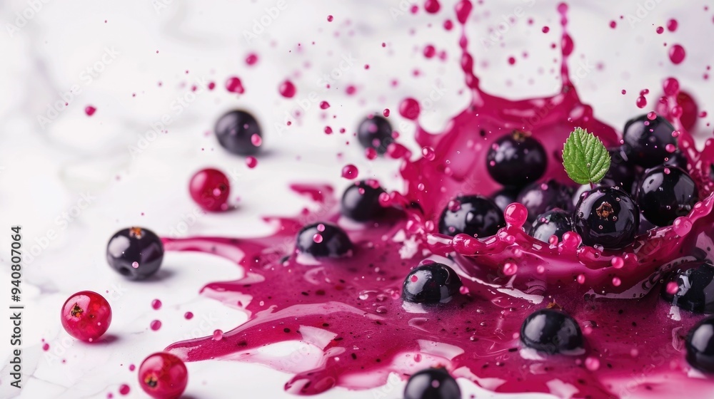 Aufkleber energetic splashes of deep intense blackcurrant juice bursting against a clean white backdrop creati