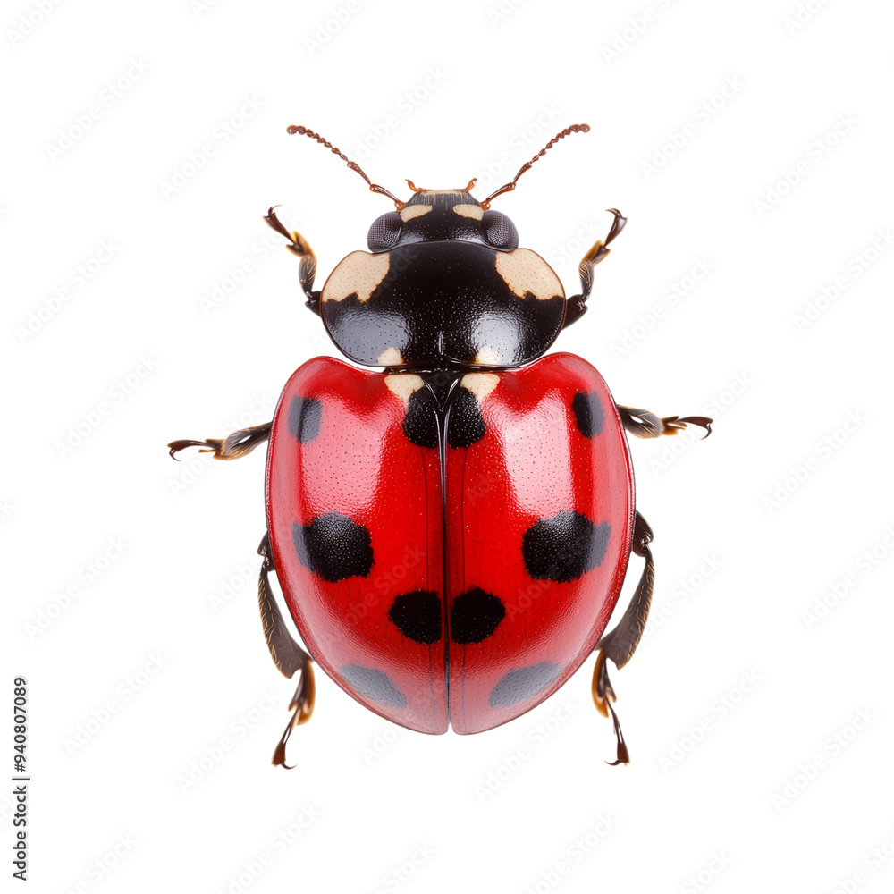 Wall mural red and black spotted ladybug crawling with wings slightly open isolated on transparent background