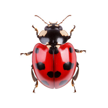 Red and black spotted ladybug crawling with wings slightly open isolated on transparent background 