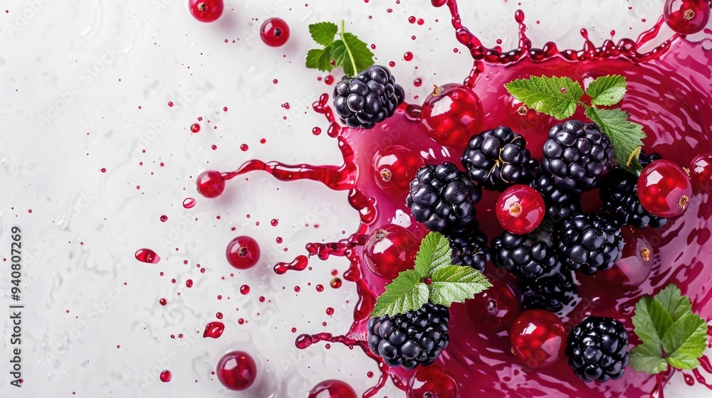 Aufkleber energetic splashes of deep bold blackcurrant juice captured on a pristine white surface creating a v