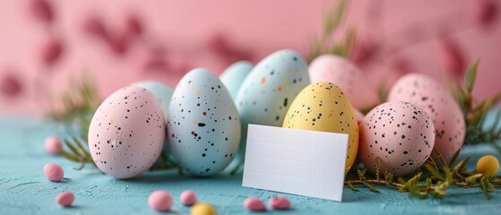 A copy space image featuring pastel colored Easter eggs with a blank white label
