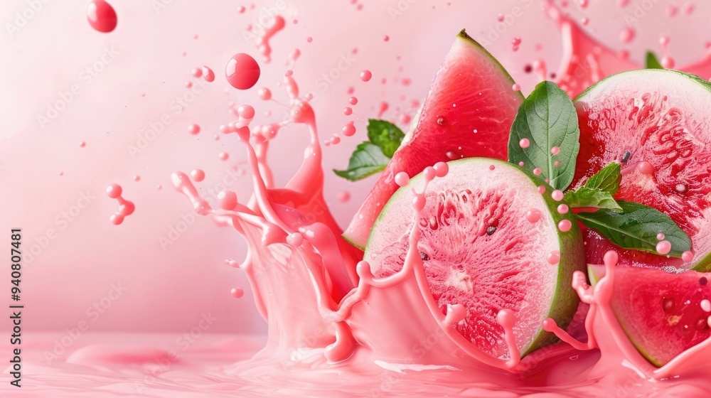 Poster closeup photo of fresh guava juice splashing and flowing against a bright white background creating 
