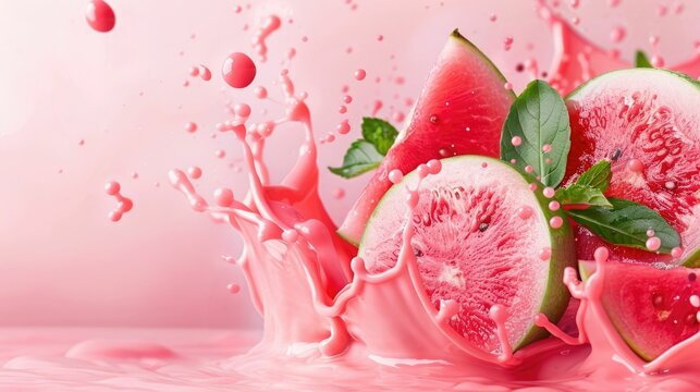 Closeup photo of fresh guava juice splashing and flowing against a bright white background creating a vibrant and tantalizing display of tropical refreshment and vibrant color