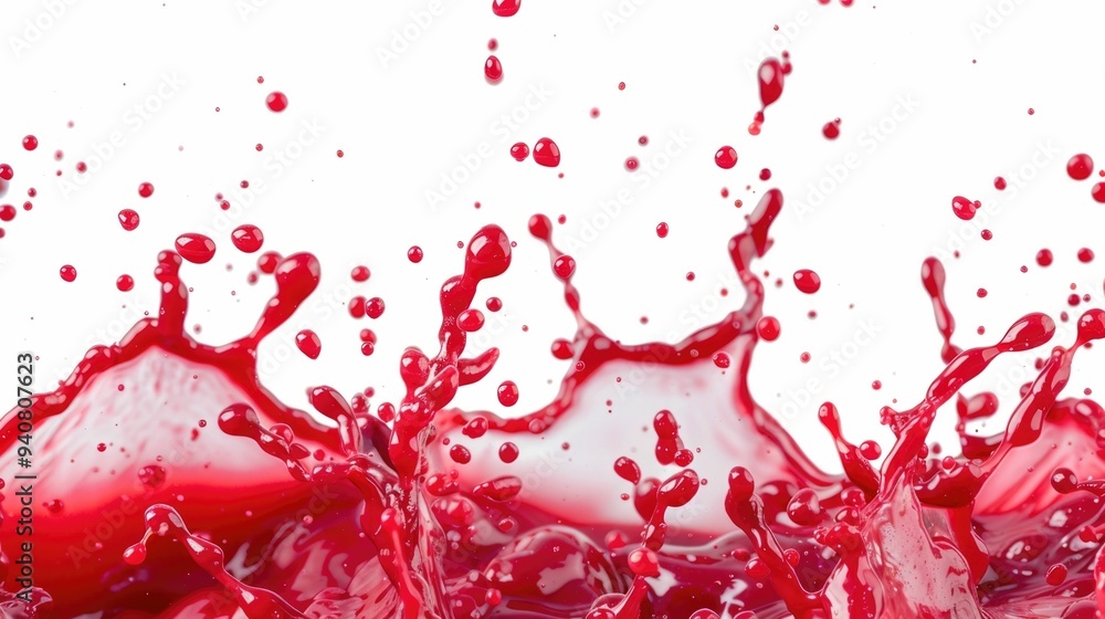 Poster captivating raspberry juice splash artfully captured on a pristine white canvas backdrop creating a 