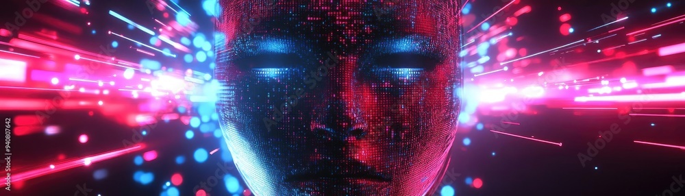 Poster futuristic digital artwork depicting a glowing face surrounded by vibrant light bursts and abstract 