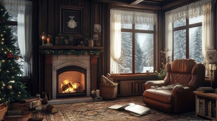 Living Room Design with a Cozy Fireplace and Stylish Leather Chair