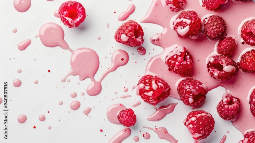 Poster dramatic and vibrant splashes of deep red raspberry juice dynamically captured on a pristine white c