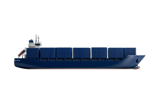 Side view of navy blue freighter ship with containers stacked symmetrically isolated on transparent background 