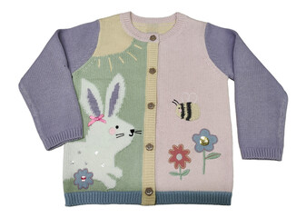 Girls Bunny Knit Flower floral Knitted Full Sleeves Pullover Sweater With Set part flower Design Patterns and Colorblock Knitwear Sweatshirt on Isolation pink Background Knitwear sweatshirts