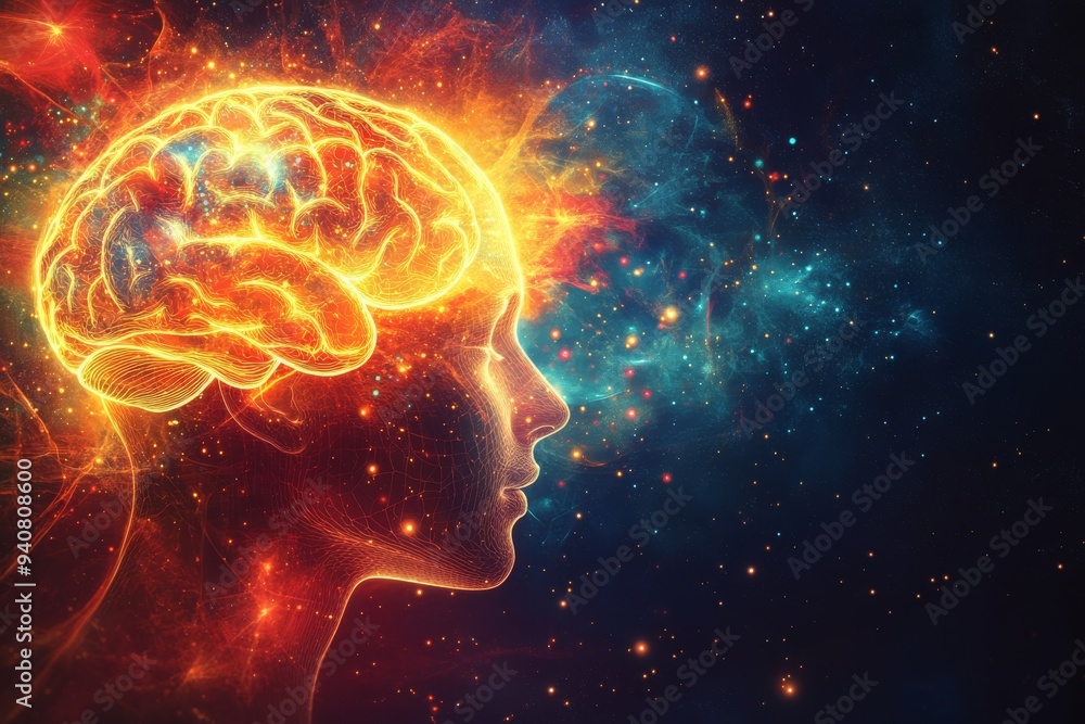 Poster vibrant cosmic illustration of a glowing brain in profile symbolizing the vastness of imagination cr