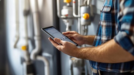 Plumber Conducting Plumbing System Diagnosis Through Smart Technology and Tablet