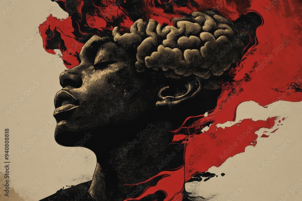 Poster red and black stylized portrait of a man with a brain exposed symbolizing the raw intensity of thoug