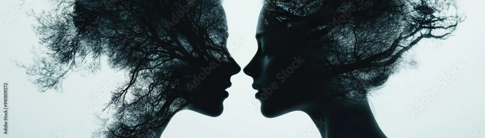 Poster a captivating silhouette of two faces merging with nature, symbolizing connection and harmony betwee