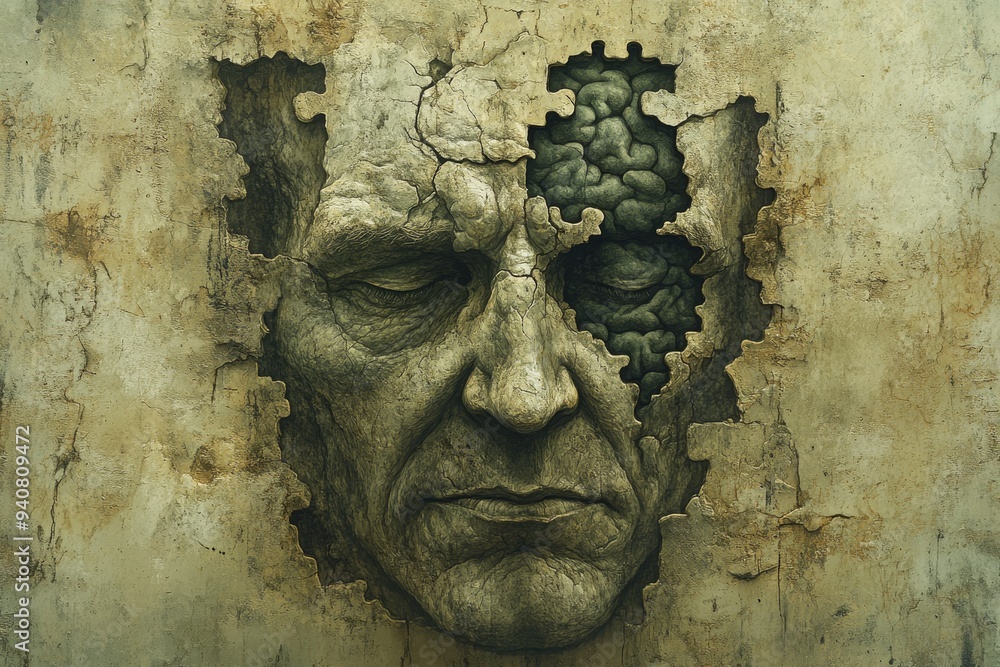 Poster distressed and fragmented portrait of an elderly man with cracks revealing a brain symbolizing cogni