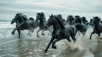Black horses are running powerfully through the surf at the shoreline, with waves splashing around them.