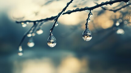 Fototapeta premium A few drops of water dangle from a tree branch, silhouetted against a body of water The background softly blurs